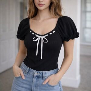 Frankee & Skylarr Elegant Black Puff Sleeve Tie Blouse MEDIUM